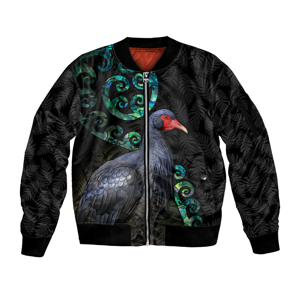 Custom Pukeko New Zealand Sleeve Zip Bomber Jacket Koru Papua Shell with Silver Fern Pattern LT03 Unisex Black - Polynesian Pride