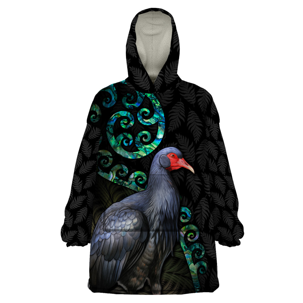 Custom Pukeko New Zealand Wearable Blanket Hoodie Koru Papua Shell with Silver Fern Pattern LT03 One Size Black - Polynesian Pride