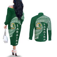 Tonga Lahaina High School Couples Matching Off The Shoulder Long Sleeve Dress and Long Sleeve Button Shirt Traditional Ngatu and Polynesian Pattern LT03 - Polynesian Pride