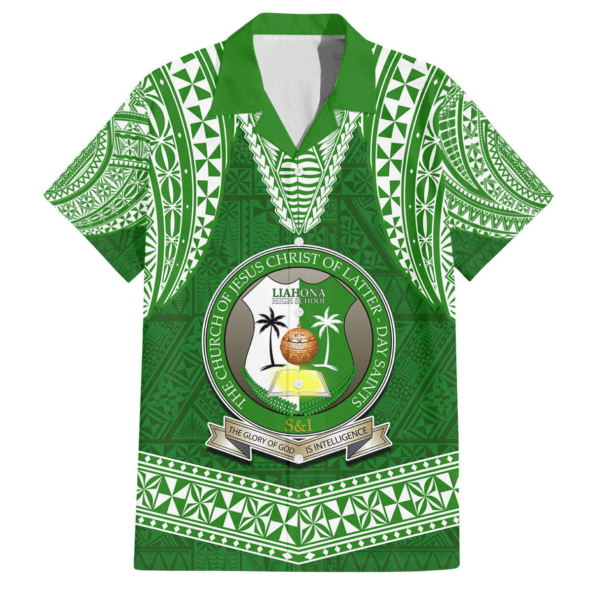 Tonga Liahona High School Family Matching Off Shoulder Maxi Dress and Hawaiian Shirt Traditional Ngatu and Polynesian Pattern LT03 Dad's Shirt - Short Sleeve Green - Polynesian Pride