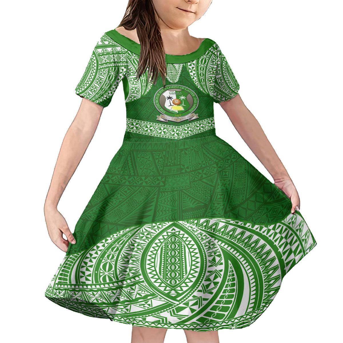 Tonga Liahona High School Family Matching Summer Maxi Dress and Hawaiian Shirt Traditional Ngatu and Polynesian Pattern LT03 Daughter's Dress Green - Polynesian Pride
