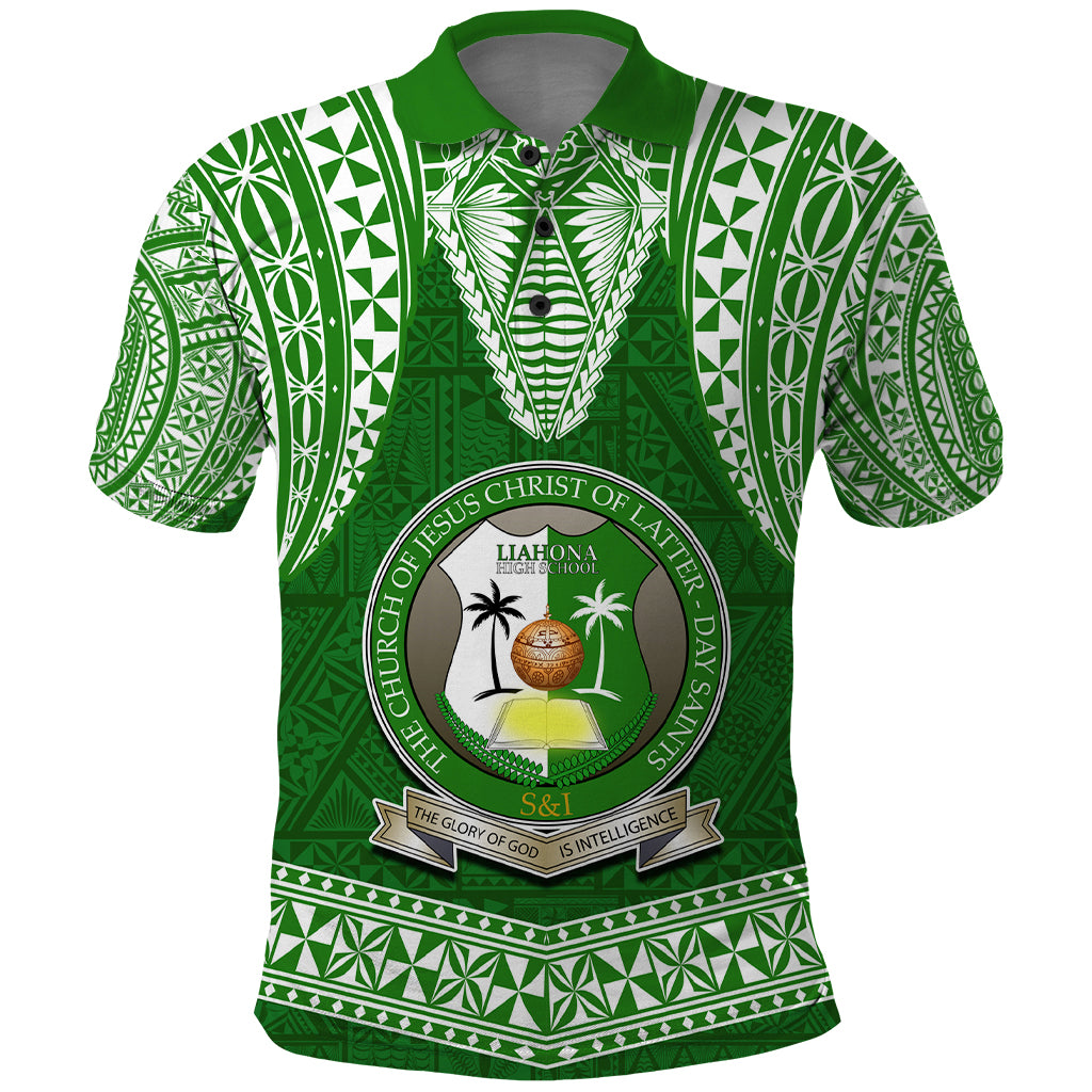 Tonga Liahona High School Polo Shirt Traditional Ngatu and Polynesian Pattern LT03 Green - Polynesian Pride