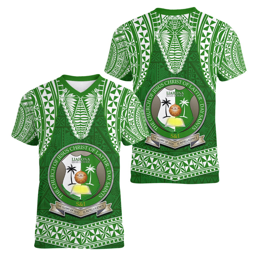 Tonga Liahona High School Women V Neck T Shirt Traditional Ngatu and Polynesian Pattern LT03 - Polynesian Pride