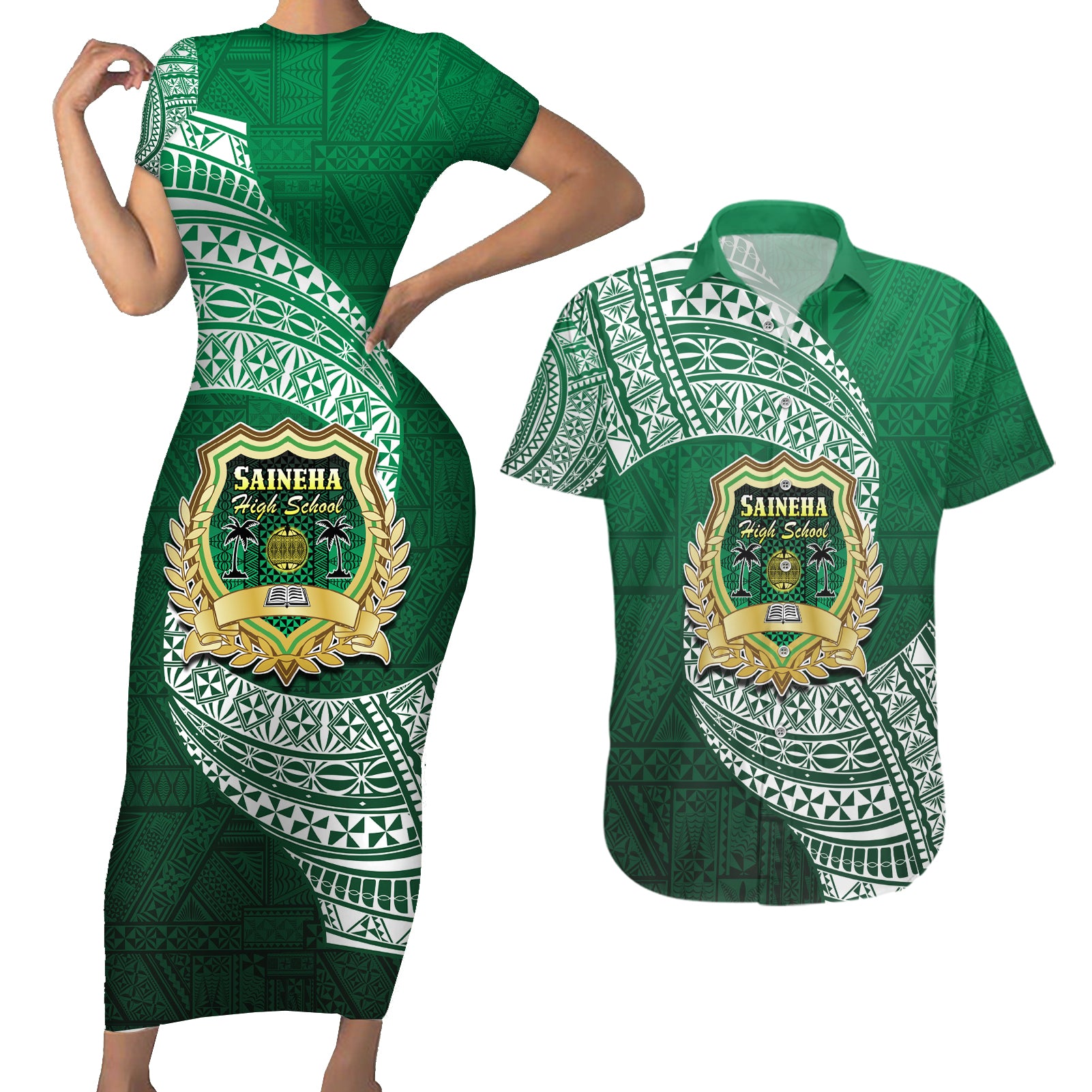 Tonga Saineha High School Couples Matching Short Sleeve Bodycon Dress and Hawaiian Shirt Traditional Ngatu and Polynesian Pattern LT03 Green - Polynesian Pride