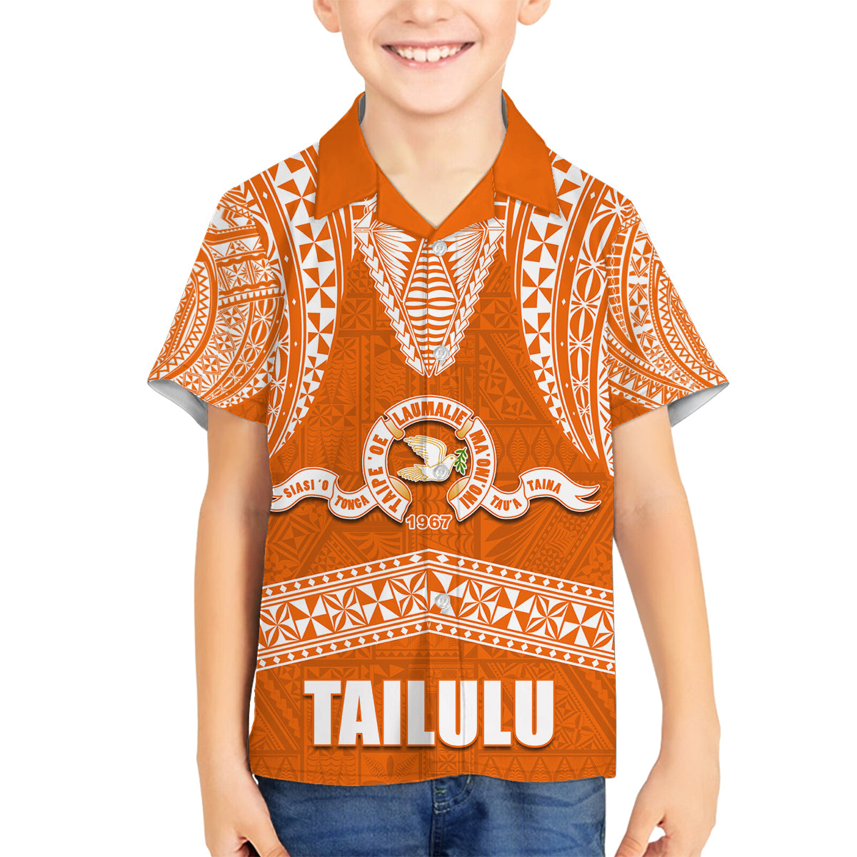 Tonga Tailulu College Family Matching Off Shoulder Long Sleeve Dress and Hawaiian Shirt Traditional Ngatu and Polynesian Pattern LT03 Son's Shirt Orange - Polynesian Pride