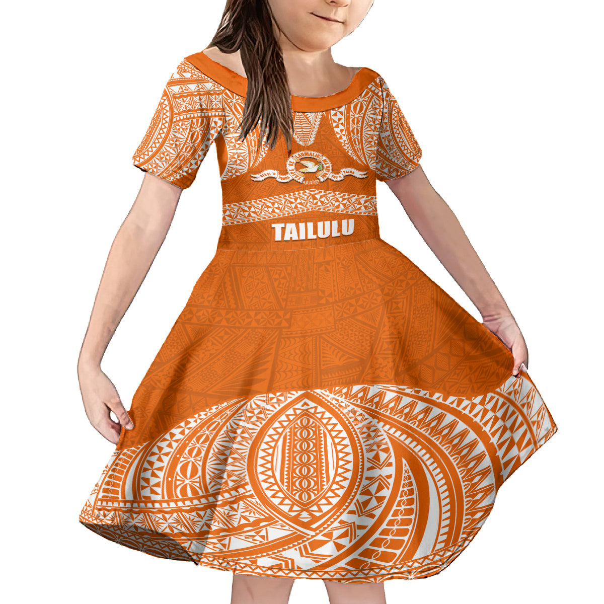 Tonga Tailulu College Family Matching Puletasi Dress and Hawaiian Shirt Traditional Ngatu and Polynesian Pattern LT03 Daughter's Dress Orange - Polynesian Pride