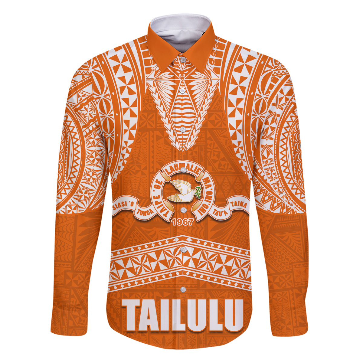 Tonga Tailulu College Family Matching Summer Maxi Dress and Hawaiian Shirt Traditional Ngatu and Polynesian Pattern LT03 Dad's Shirt - Long Sleeve Orange - Polynesian Pride