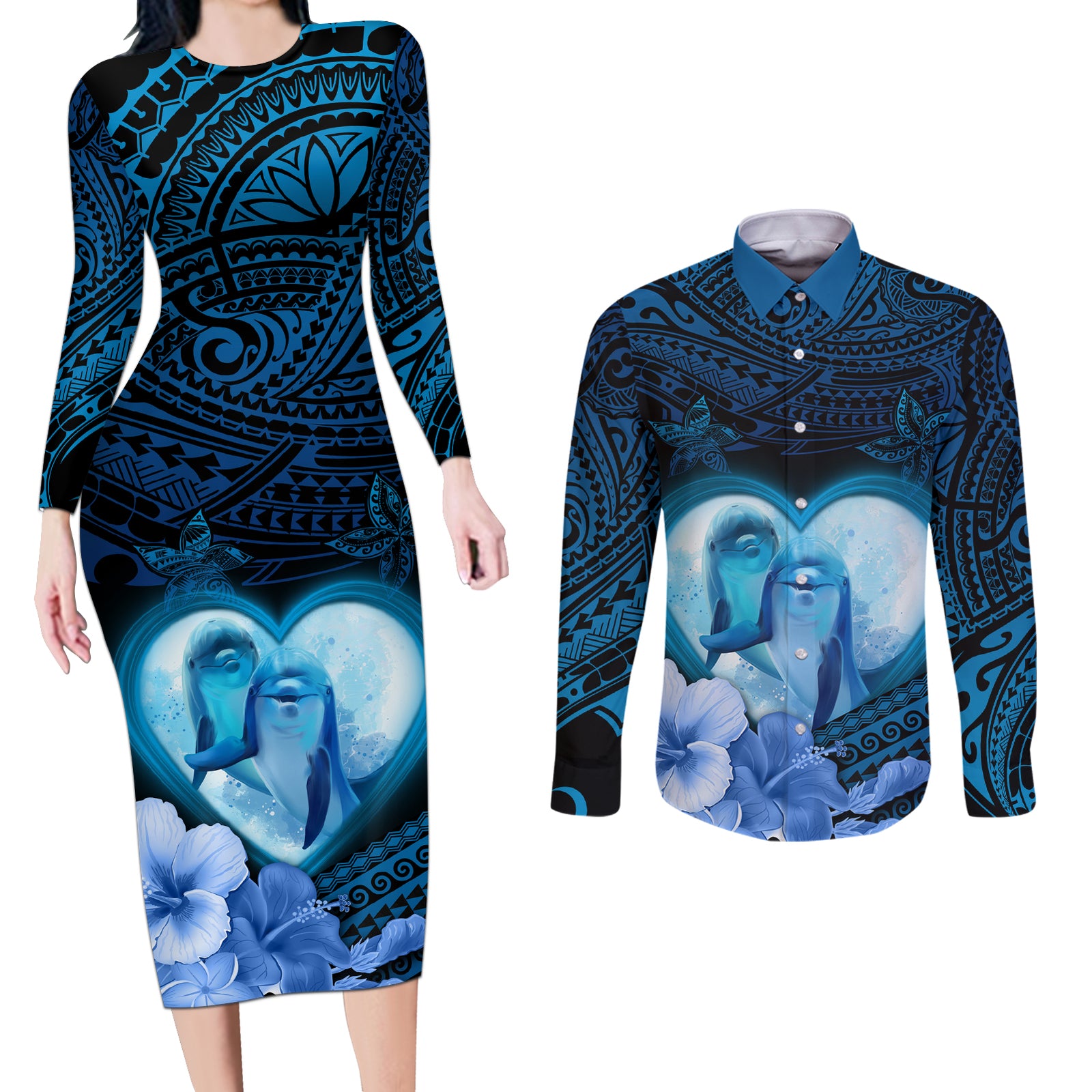 Dolphin Couple Love Story Valentine Day Couples Matching Long Sleeve Bodycon Dress and Long Sleeve Button Shirt With Polynesian Tribal Tattoo Blue Style LT03 Blue - Polynesian Pride