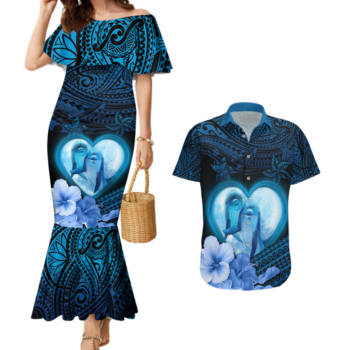 Dolphin Couple Love Story Valentine Day Couples Matching Mermaid Dress and Hawaiian Shirt With Polynesian Tribal Tattoo Blue Style LT03 Blue - Polynesian Pride