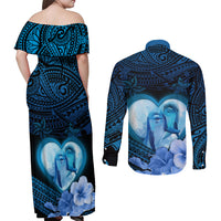 Dolphin Couple Love Story Valentine Day Couples Matching Off Shoulder Maxi Dress and Long Sleeve Button Shirt With Polynesian Tribal Tattoo Blue Style LT03 - Polynesian Pride