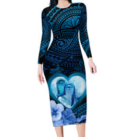 Dolphin Couple Love Story Valentine Day Family Matching Long Sleeve Bodycon Dress and Hawaiian Shirt With Polynesian Tribal Tattoo Blue Style LT03 Mom's Dress Blue - Polynesian Pride