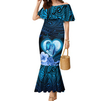 Dolphin Couple Love Story Valentine Day Family Matching Mermaid Dress and Hawaiian Shirt With Polynesian Tribal Tattoo Blue Style LT03 Mom's Dress Blue - Polynesian Pride