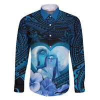 Dolphin Couple Love Story Valentine Day Family Matching Off Shoulder Long Sleeve Dress and Hawaiian Shirt With Polynesian Tribal Tattoo Blue Style LT03 Dad's Shirt - Long Sleeve Blue - Polynesian Pride