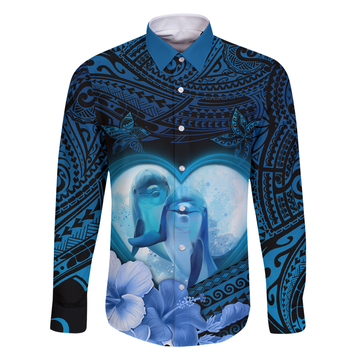 Dolphin Couple Love Story Valentine Day Family Matching Off Shoulder Maxi Dress and Hawaiian Shirt With Polynesian Tribal Tattoo Blue Style LT03 Dad's Shirt - Long Sleeve Blue - Polynesian Pride