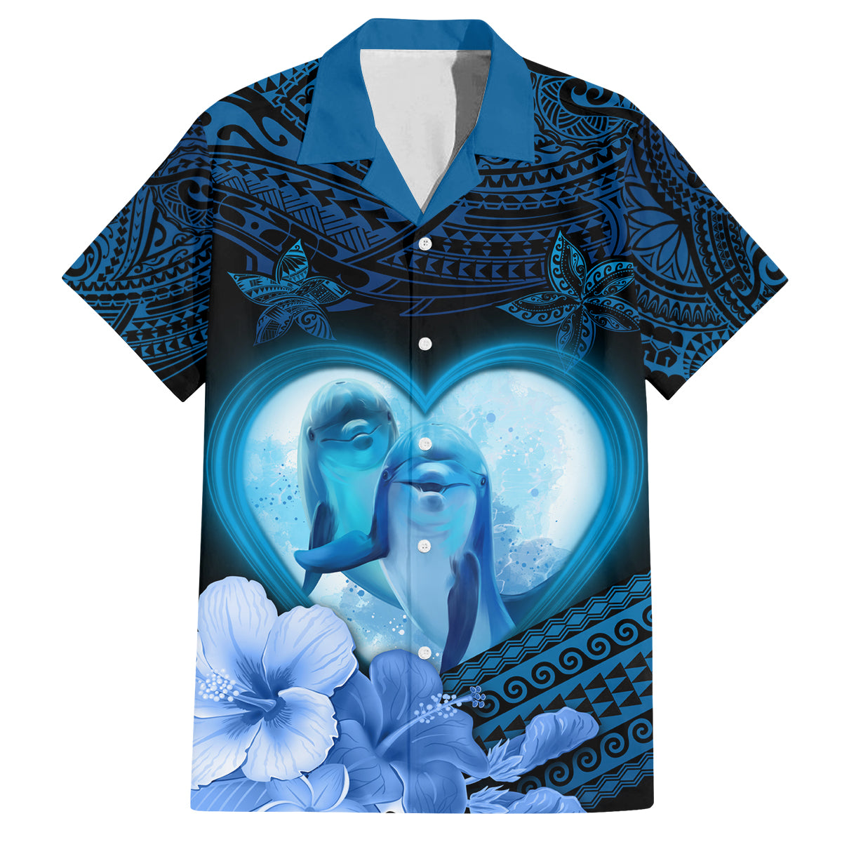 Dolphin Couple Love Story Valentine Day Family Matching Off Shoulder Short Dress and Hawaiian Shirt With Polynesian Tribal Tattoo Blue Style LT03 Dad's Shirt - Short Sleeve Blue - Polynesian Pride