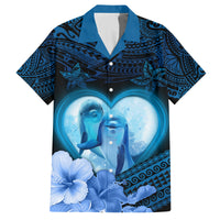 Dolphin Couple Love Story Valentine Day Family Matching Off Shoulder Short Dress and Hawaiian Shirt With Polynesian Tribal Tattoo Blue Style LT03 Dad's Shirt - Short Sleeve Blue - Polynesian Pride