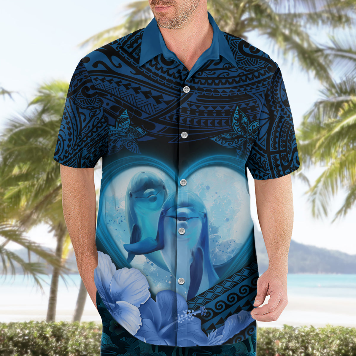 Dolphin Couple Love Story Valentine Day Hawaiian Shirt With Polynesian Tribal Tattoo Blue Style LT03 - Polynesian Pride