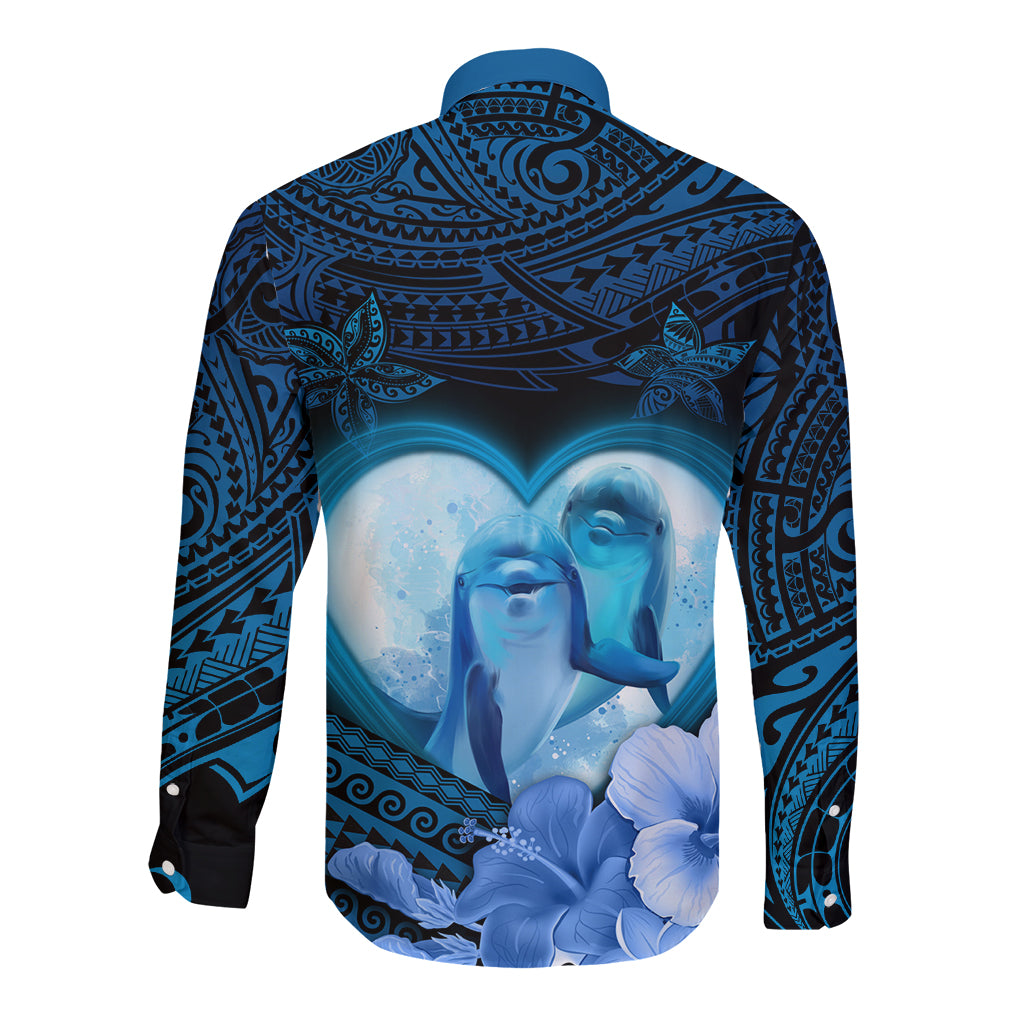 Dolphin Couple Love Story Valentine Day Long Sleeve Button Shirt With Polynesian Tribal Tattoo Blue Style LT03 - Polynesian Pride