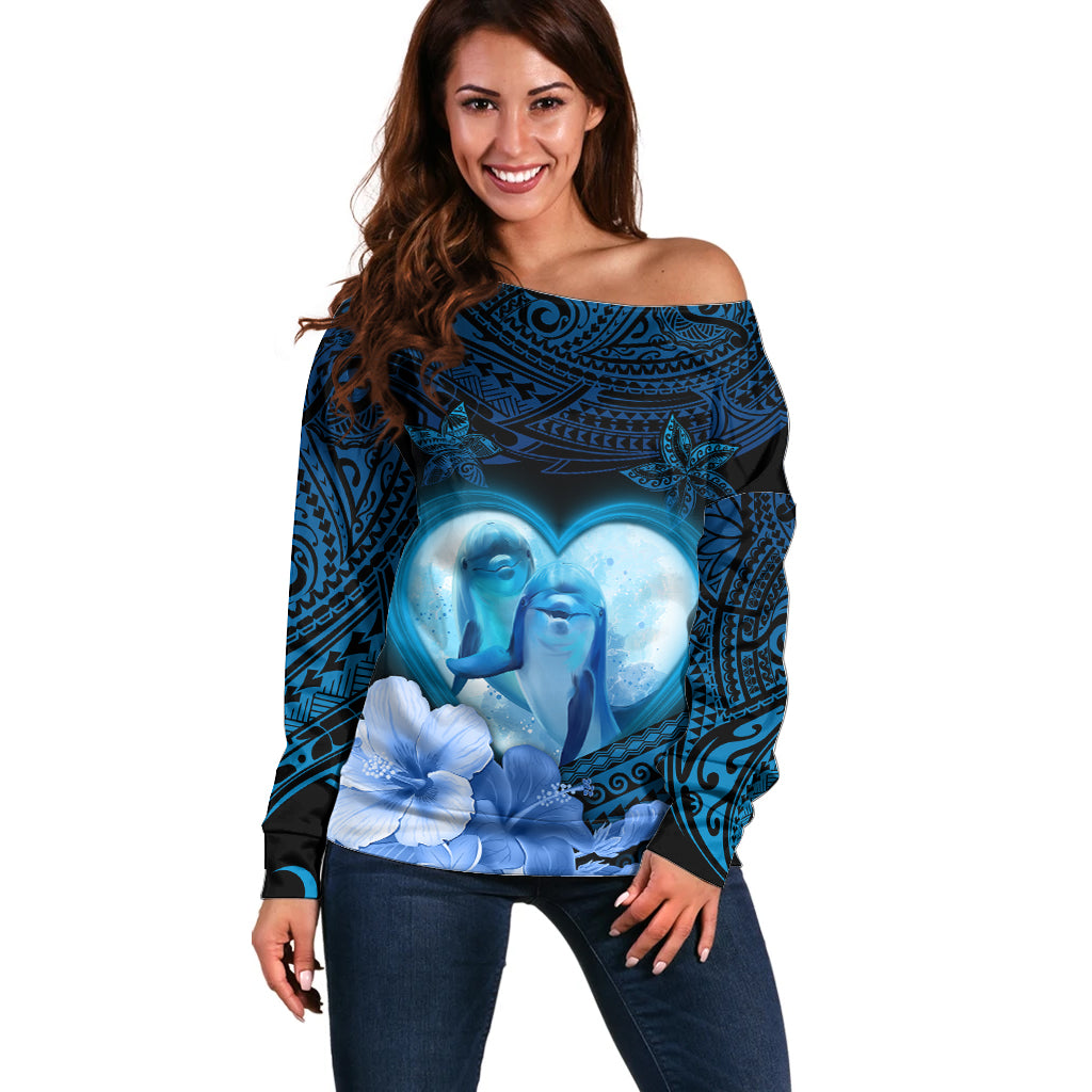 Dolphin Couple Love Story Valentine Day Off Shoulder Sweater With Polynesian Tribal Tattoo Blue Style LT03 Women Blue - Polynesian Pride