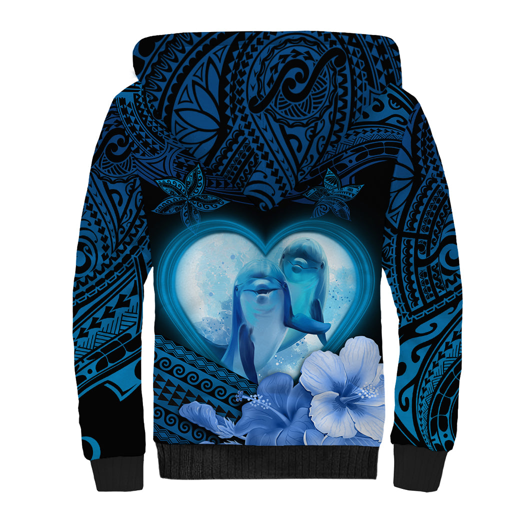 Dolphin Couple Love Story Valentine Day Sherpa Hoodie With Polynesian Tribal Tattoo Blue Style LT03 - Polynesian Pride