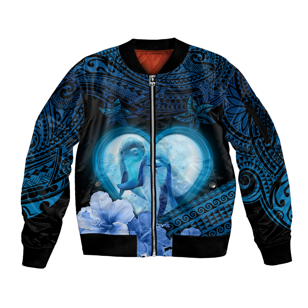 Dolphin Couple Love Story Valentine Day Sleeve Zip Bomber Jacket With Polynesian Tribal Tattoo Blue Style LT03 Unisex Blue - Polynesian Pride