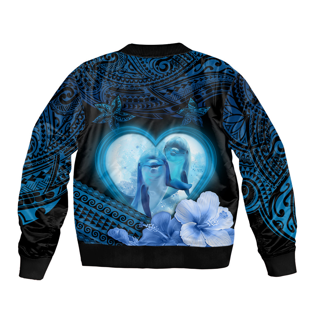 Dolphin Couple Love Story Valentine Day Sleeve Zip Bomber Jacket With Polynesian Tribal Tattoo Blue Style LT03 - Polynesian Pride