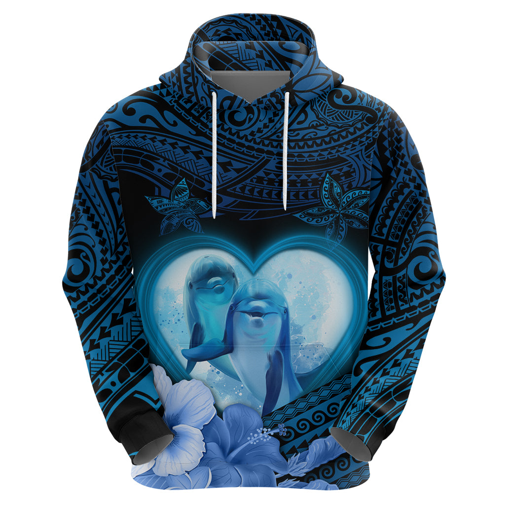 Dolphin Couple Love Story Valentine Day Zip Hoodie With Polynesian Tribal Tattoo Blue Style LT03 - Polynesian Pride