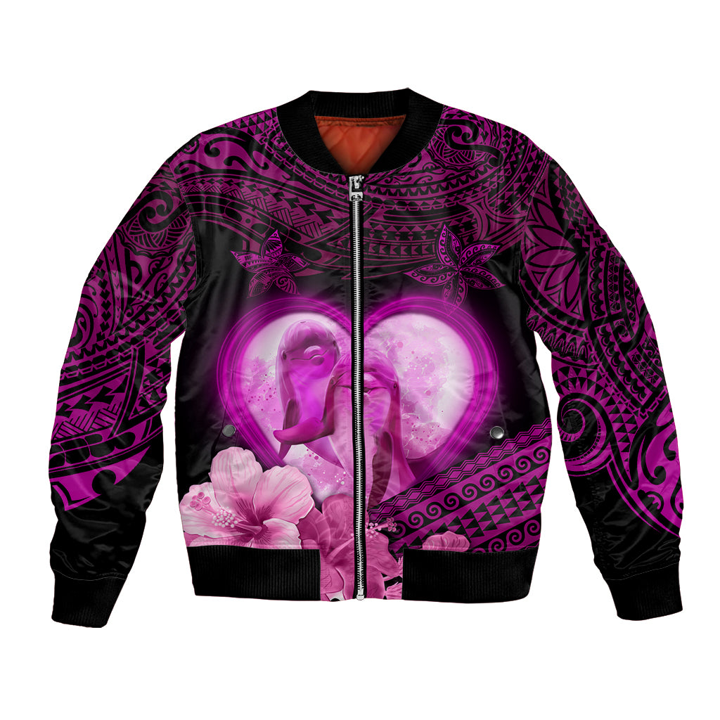 Dolphin Couple Love Story Valentine Day Bomber Jacket With Polynesian Tribal Tattoo Pink Style LT03 Unisex Pink - Polynesian Pride
