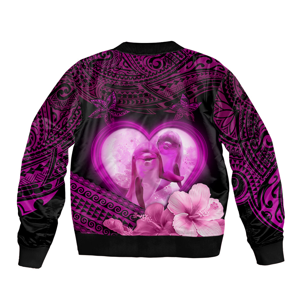 Dolphin Couple Love Story Valentine Day Bomber Jacket With Polynesian Tribal Tattoo Pink Style LT03 - Polynesian Pride