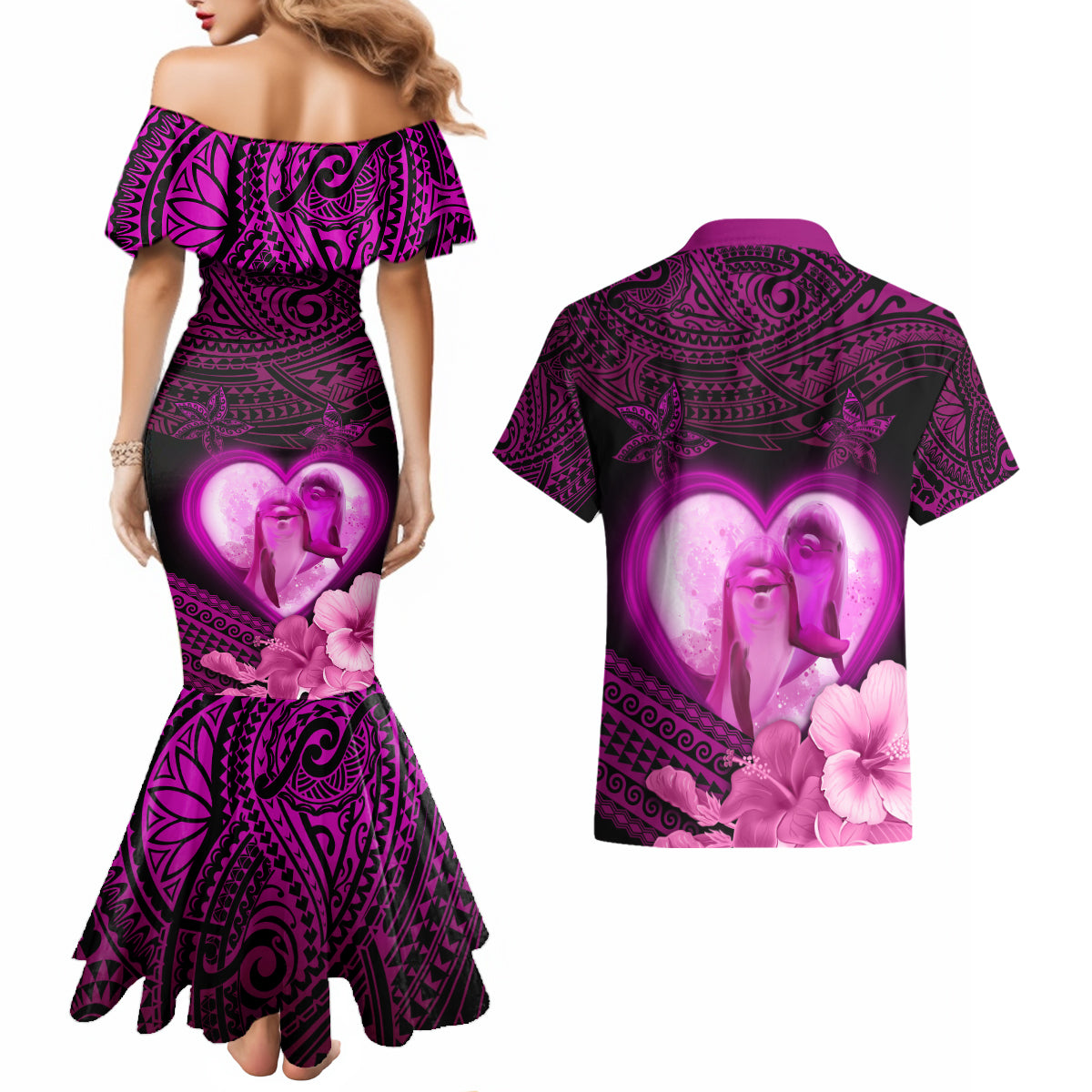 Dolphin Couple Love Story Valentine Day Couples Matching Mermaid Dress and Hawaiian Shirt With Polynesian Tribal Tattoo Pink Style LT03 - Polynesian Pride