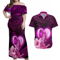 Dolphin Couple Love Story Valentine Day Couples Matching Off Shoulder Maxi Dress and Hawaiian Shirt With Polynesian Tribal Tattoo Pink Style LT03 Pink - Polynesian Pride