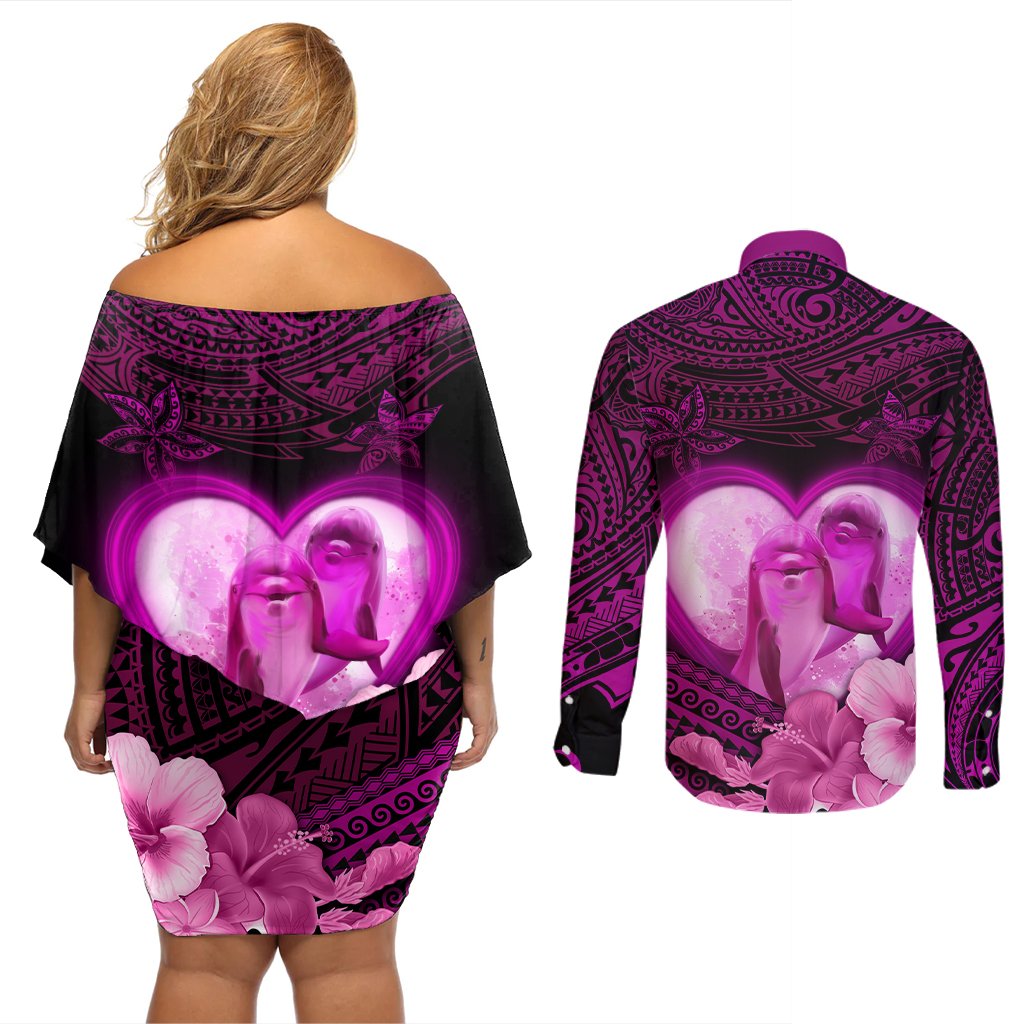 Dolphin Couple Love Story Valentine Day Couples Matching Off Shoulder Short Dress and Long Sleeve Button Shirt With Polynesian Tribal Tattoo Pink Style LT03 - Polynesian Pride