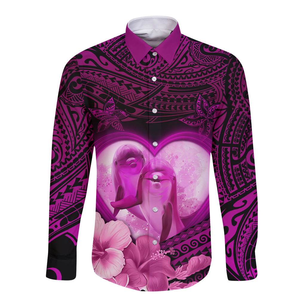 Dolphin Couple Love Story Valentine Day Long Sleeve Button Shirt With Polynesian Tribal Tattoo Pink Style LT03 Unisex Pink - Polynesian Pride