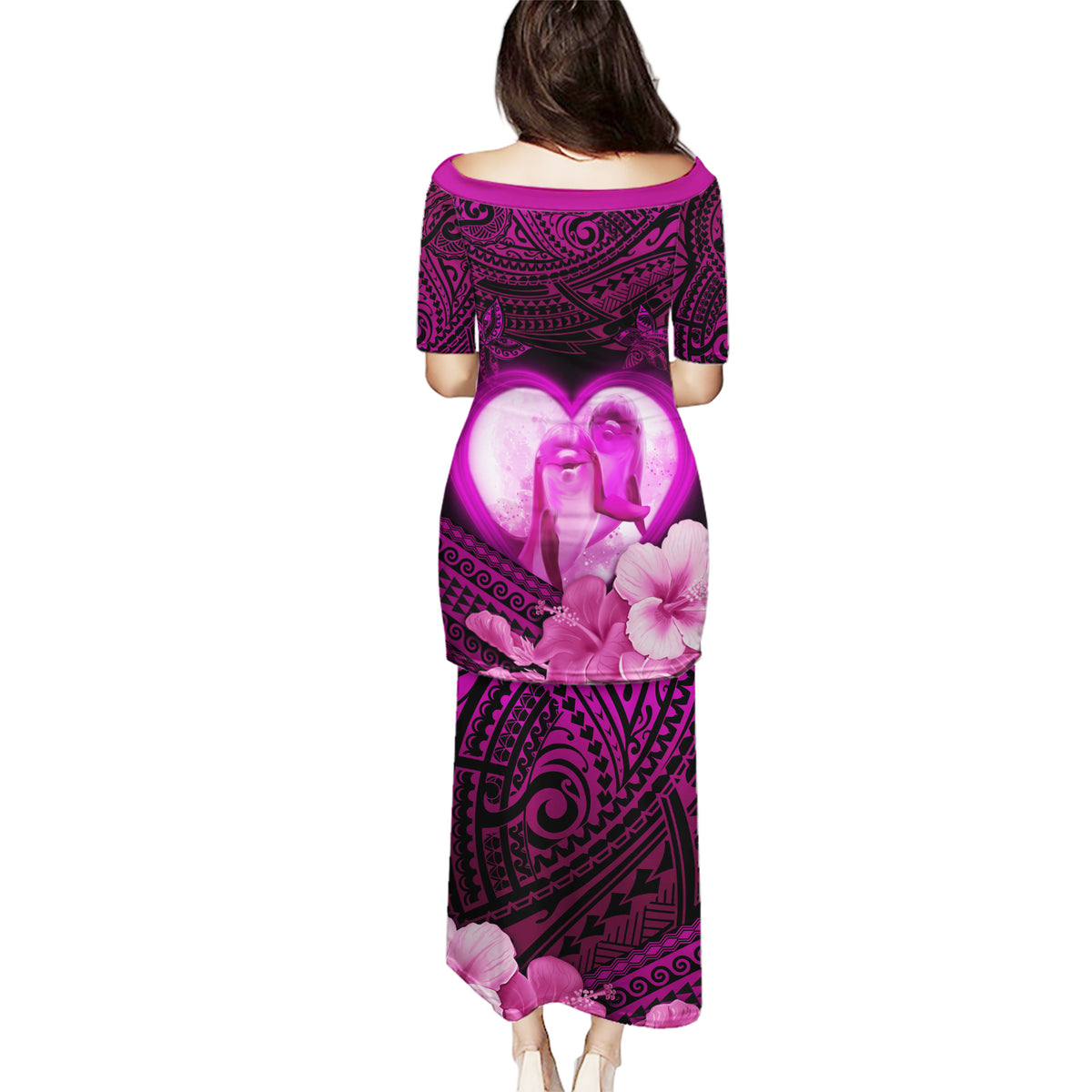 Dolphin Couple Love Story Valentine Day Puletasi With Polynesian Tribal Tattoo Pink Style LT03 - Polynesian Pride