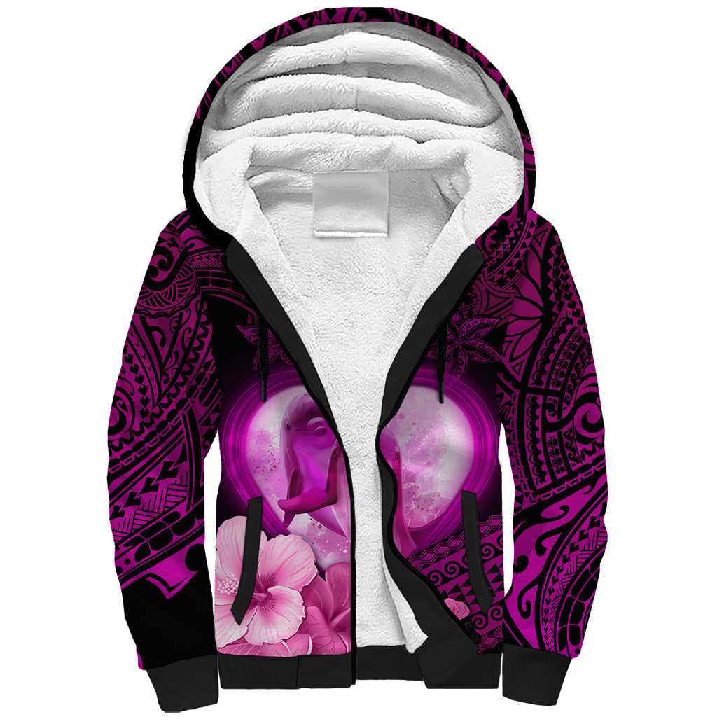 Dolphin Couple Love Story Valentine Day Sherpa Hoodie With Polynesian Tribal Tattoo Pink Style LT03 Unisex Pink - Polynesian Pride