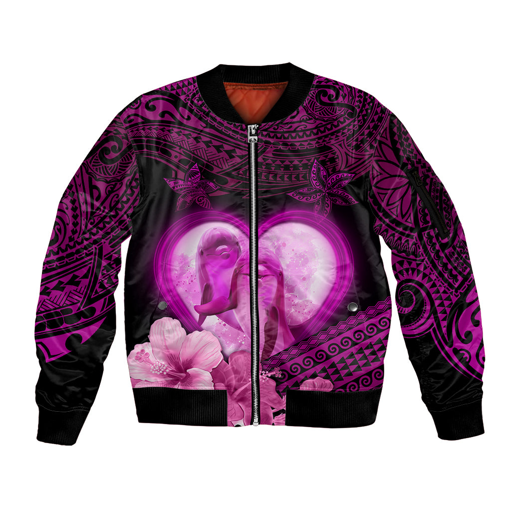 Dolphin Couple Love Story Valentine Day Sleeve Zip Bomber Jacket With Polynesian Tribal Tattoo Pink Style LT03 Unisex Pink - Polynesian Pride