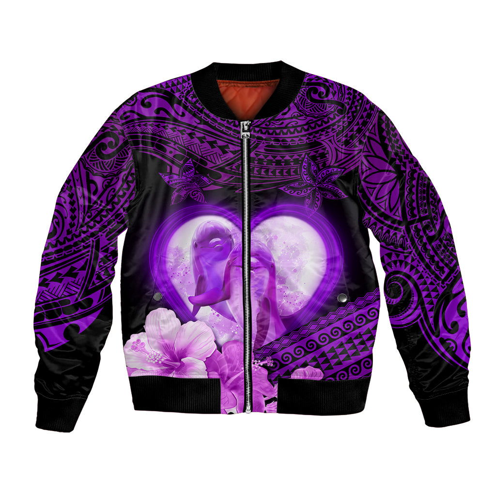 Dolphin Couple Love Story Valentine Day Bomber Jacket With Polynesian Tribal Tattoo Purple Style LT03 Unisex Purple - Polynesian Pride
