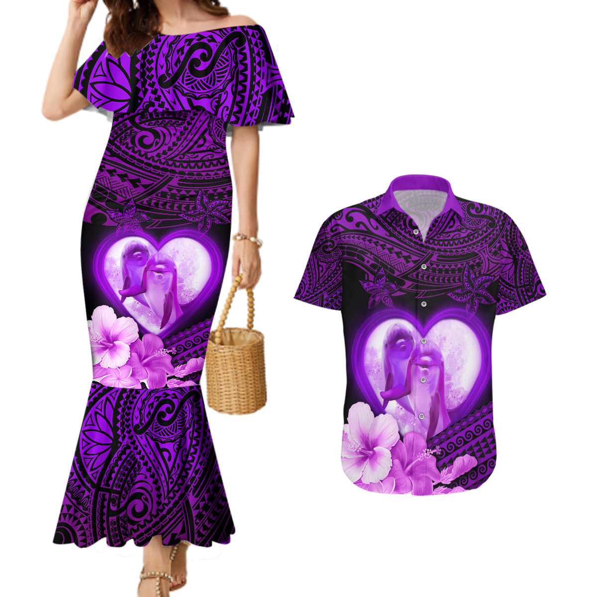 Dolphin Couple Love Story Valentine Day Couples Matching Mermaid Dress and Hawaiian Shirt With Polynesian Tribal Tattoo Purple Style LT03 Purple - Polynesian Pride