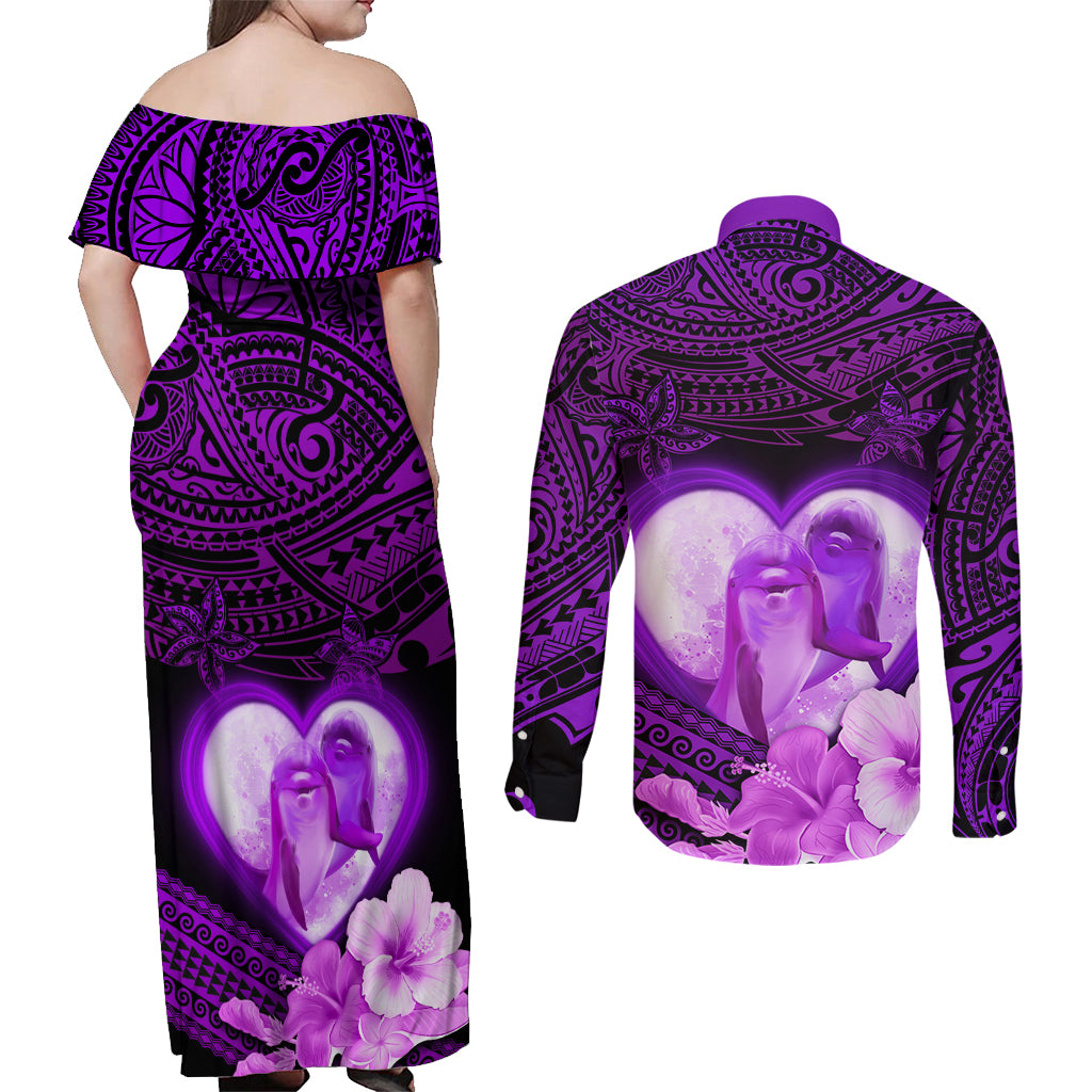 Dolphin Couple Love Story Valentine Day Couples Matching Off Shoulder Maxi Dress and Long Sleeve Button Shirt With Polynesian Tribal Tattoo Purple Style LT03 - Polynesian Pride