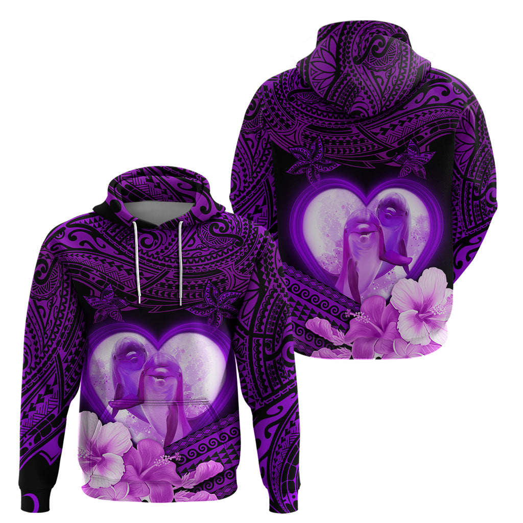 Dolphin Couple Love Story Valentine Day Hoodie With Polynesian Tribal Tattoo Purple Style LT03 - Polynesian Pride