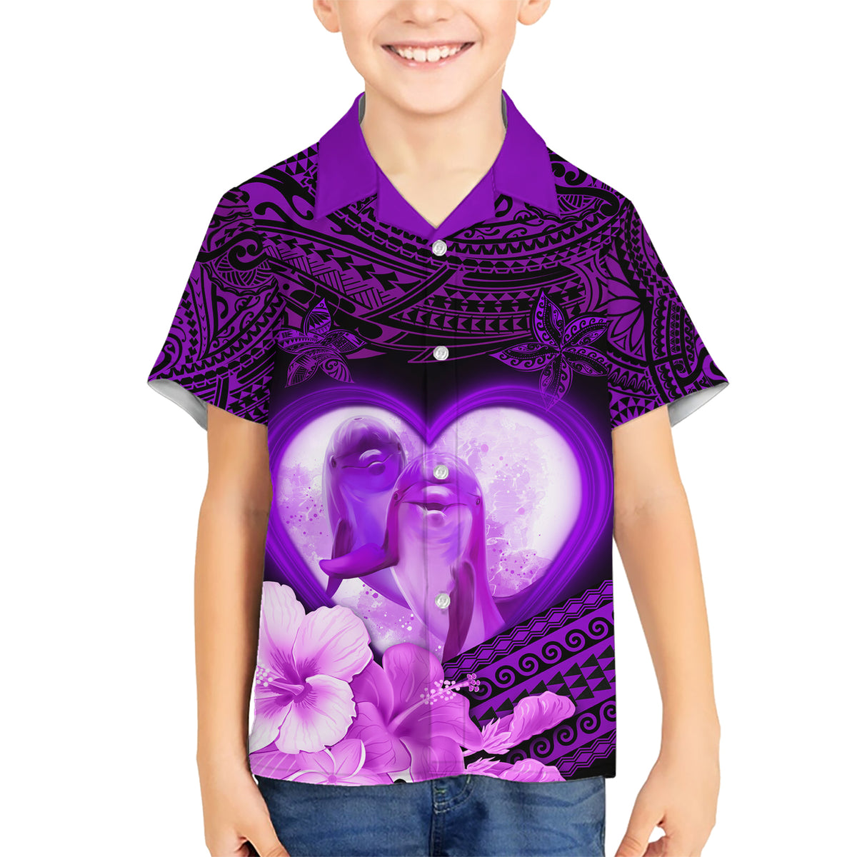 Dolphin Couple Love Story Valentine Day Kid Hawaiian Shirt With Polynesian Tribal Tattoo Purple Style LT03 Kid Purple - Polynesian Pride