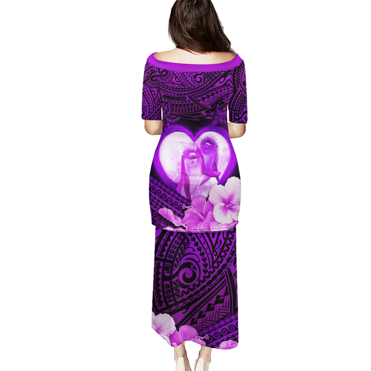 Dolphin Couple Love Story Valentine Day Puletasi With Polynesian Tribal Tattoo Purple Style LT03 - Polynesian Pride