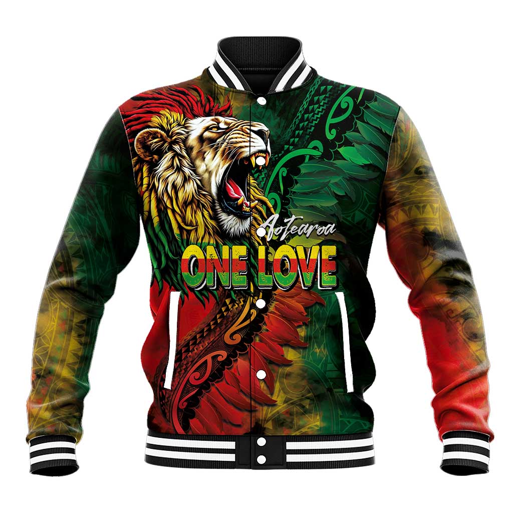 Aotearoa One Love Baseball Jacket Reggae Lion with Kakahu Huruhuru