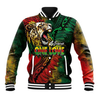 Aotearoa One Love Baseball Jacket Reggae Lion with Kakahu Huruhuru