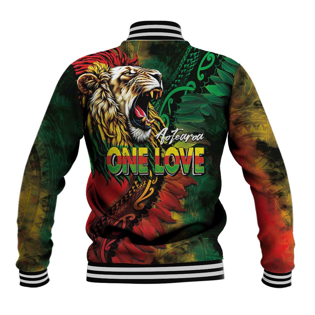 Aotearoa One Love Baseball Jacket Reggae Lion with Kakahu Huruhuru