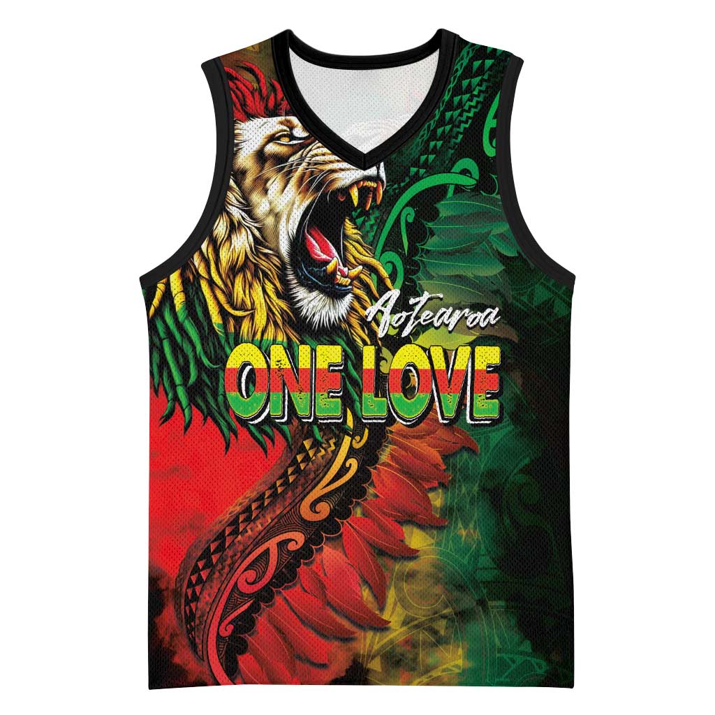 Aotearoa One Love Basketball Jersey Reggae Lion with Kakahu Huruhuru LT03 Unisex Black - Polynesian Pride