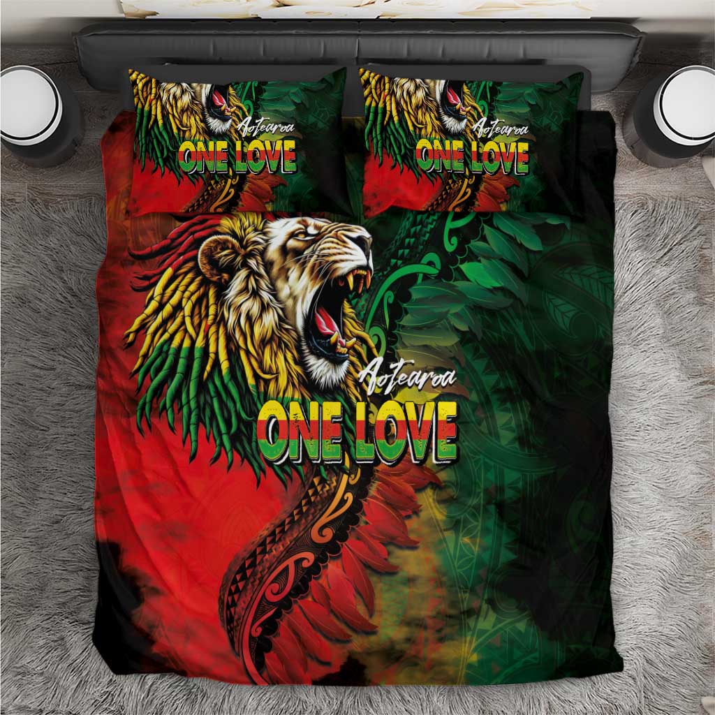 Aotearoa One Love Bedding Set Reggae Lion with Kakahu Huruhuru