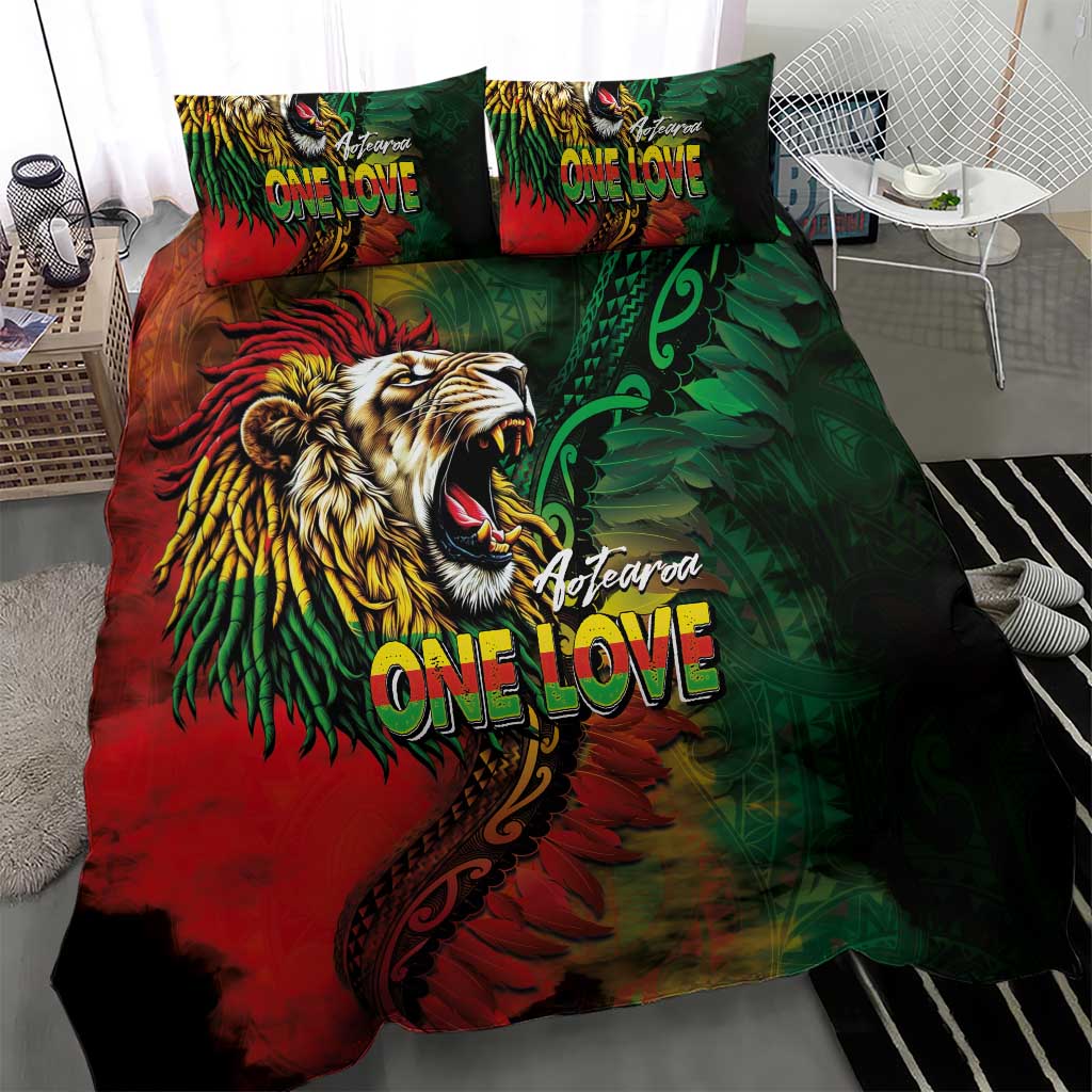 Aotearoa One Love Bedding Set Reggae Lion with Kakahu Huruhuru