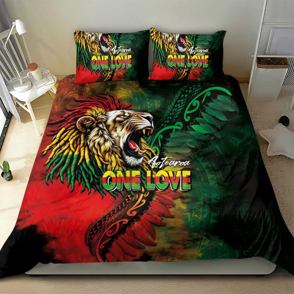 Aotearoa One Love Bedding Set Reggae Lion with Kakahu Huruhuru