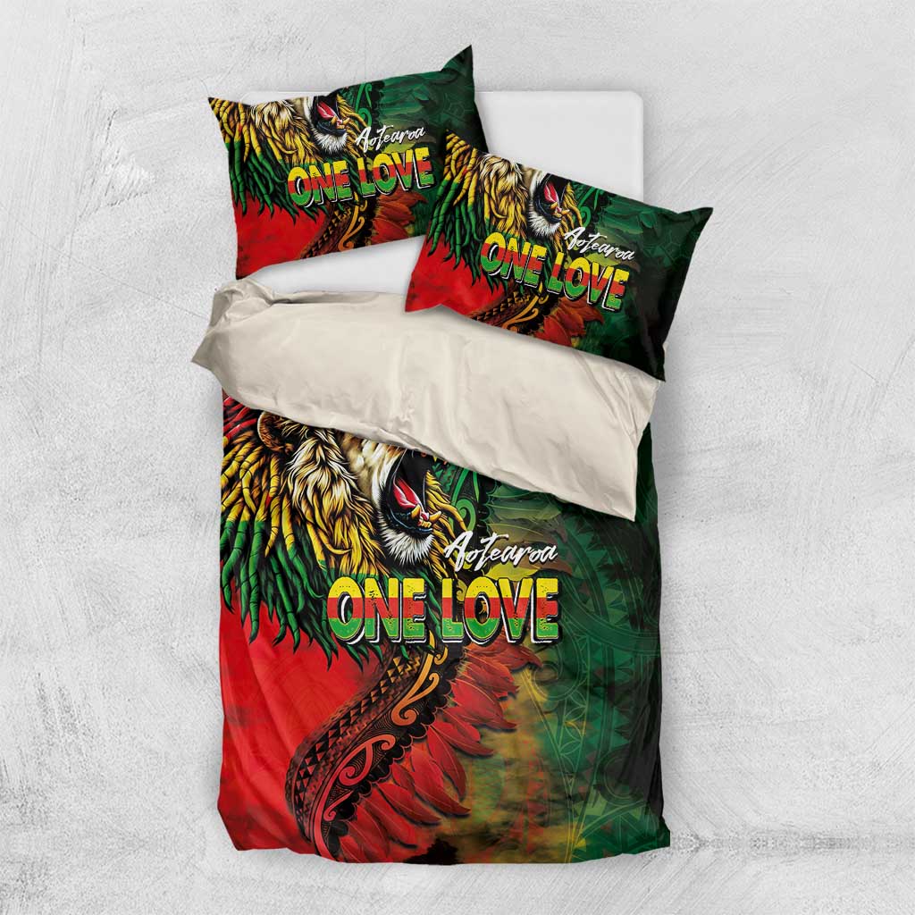 Aotearoa One Love Bedding Set Reggae Lion with Kakahu Huruhuru